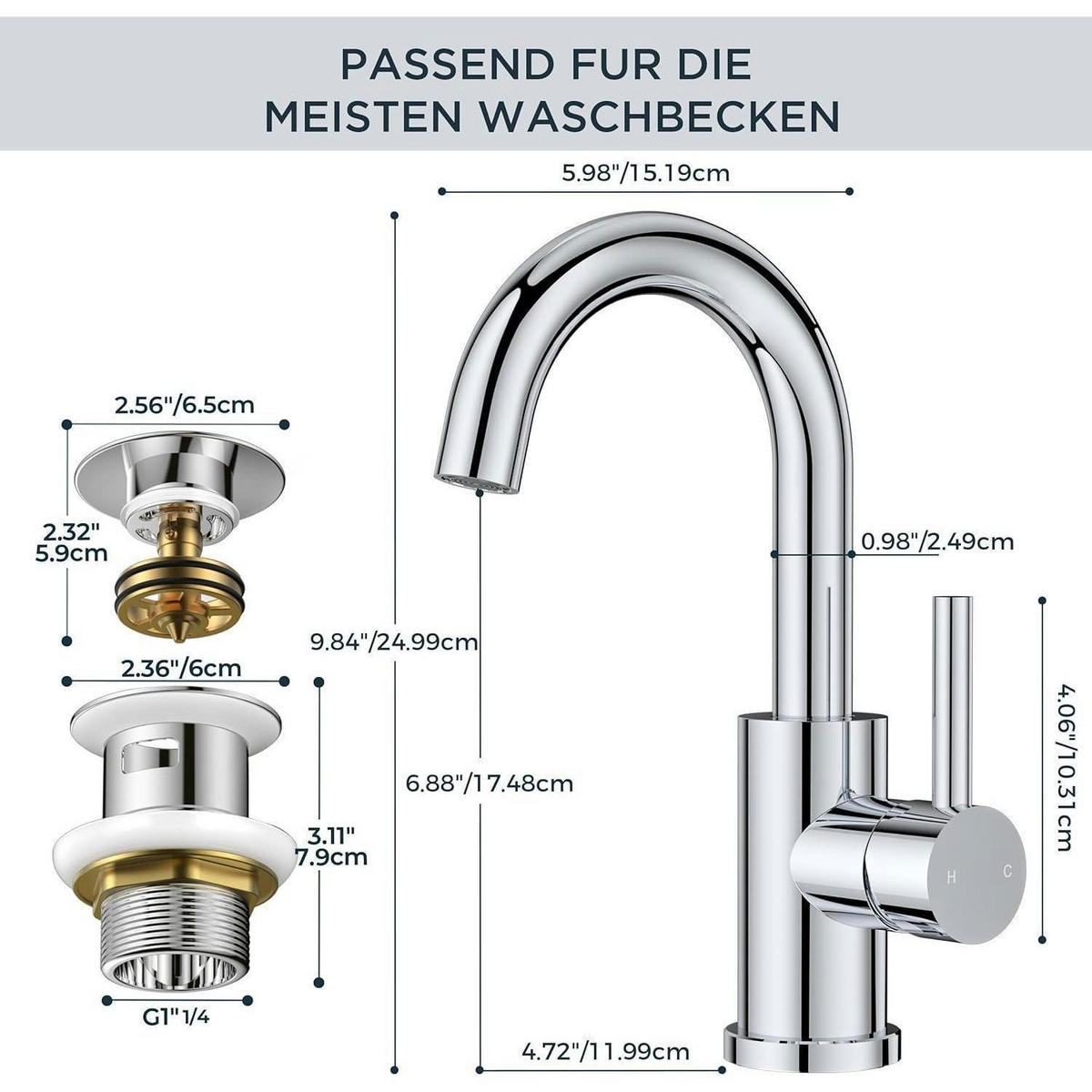WASCHTISCHARMATUR Hoch mit Ablaufgarnitur 360° drehbar polierter Chrom 175mm - Silberfarben, Metall (15.1/17.5/25cm)
