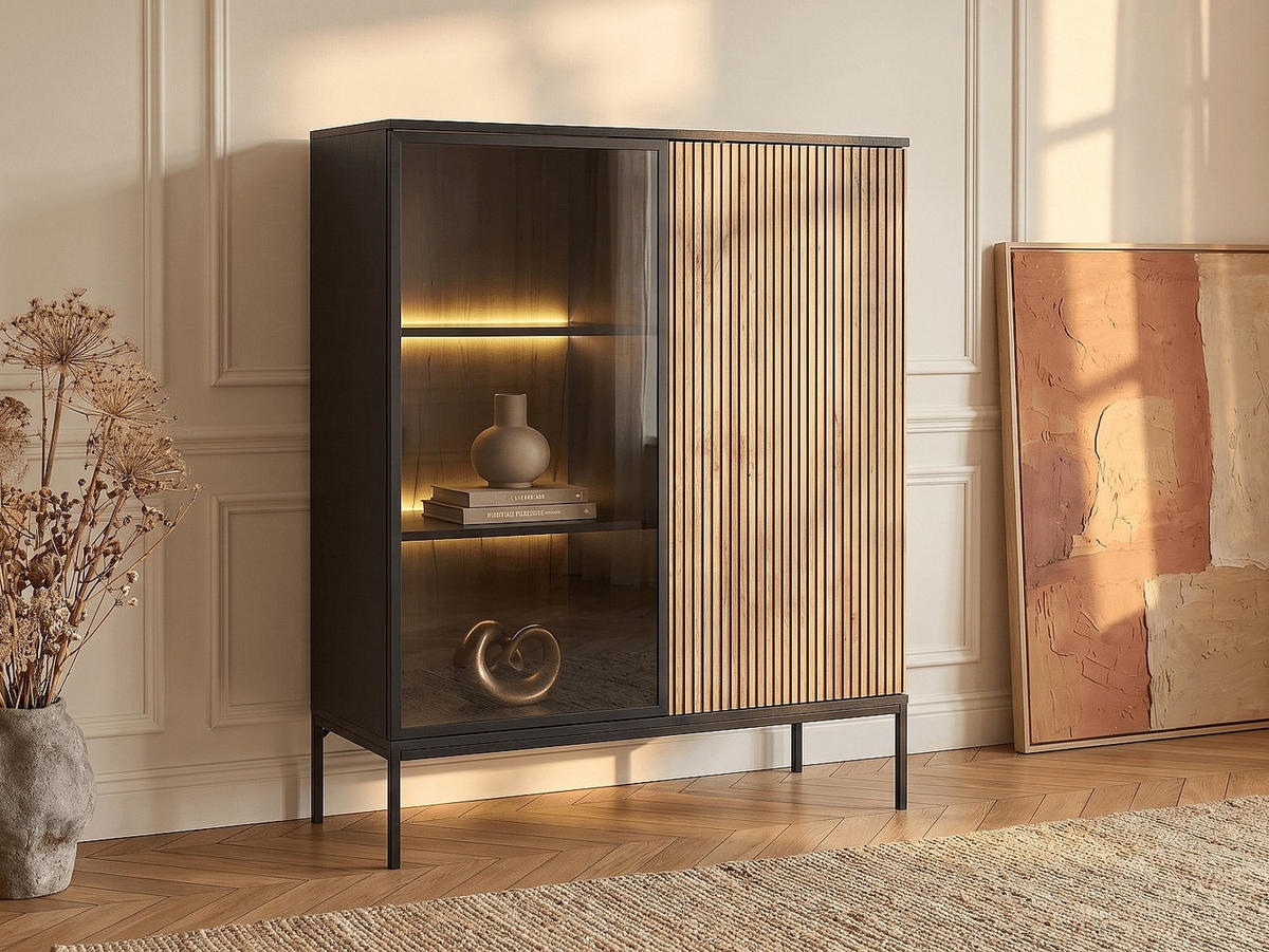 VITRINENSCHRANK - 103.5 x 39 - glas - schwarz, naturfarben hell Ovila - Schwarz/Naturfarben, Glas/Holz (103.5/125.5/39cm) - Vente-Unique
