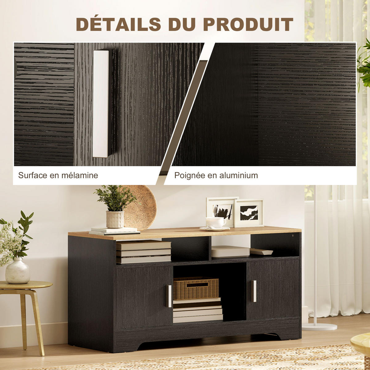 LOWBOARD Schwarz/Natur 105/40/52 cm, 2 Türen, Kabelmanagement - Schwarz, Holzwerkstoff (105/52/40cm) - PANGIVO