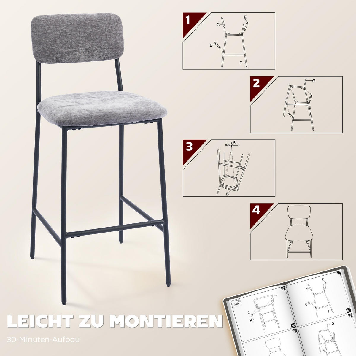 BARHOCKER 2er Set Barstuhl, Tresenhocker mit Fußstütze, Rückenlehne Grau - Schwarz/Grau, Textil/Metall (45.5/101/48cm) - HOMCOM