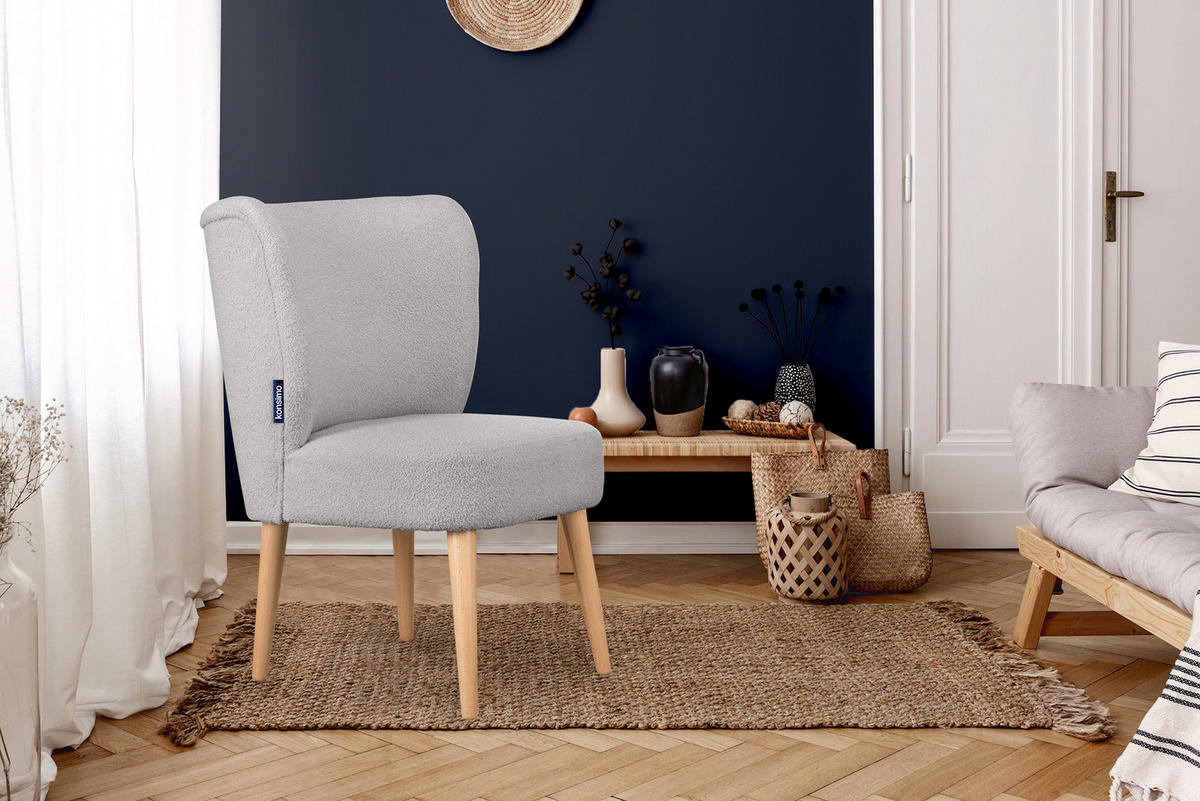 COCKTAILSESSEL APPA auf hohen Beinen aus Buche, aus recyceltem Boucle-Stoff, Hellgrau/Buche Dekor - Buchefarben/Hellgrau, Holz/Textil (63/89/65cm) - KONSIMO®