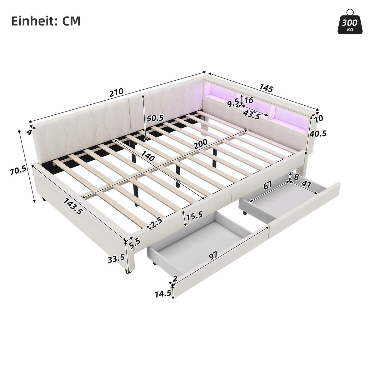 TAGEBETT 140x200cm Beige Leinen USB-C LED-Licht 2 Schubladen - Beige, Holz (140/200cm) - FLIEKS