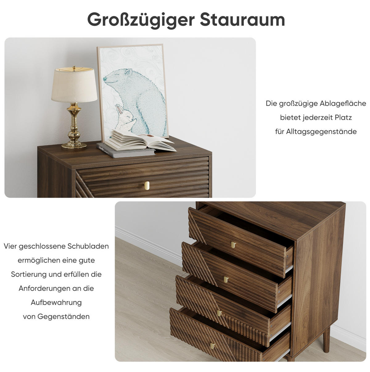 KOMMODE 60/40/90 cm in Walnuss mit 4 Schubladen im Mid-Century-Stil - Walnussfarben, Holzwerkstoff (60/90/40cm) - BEAOK