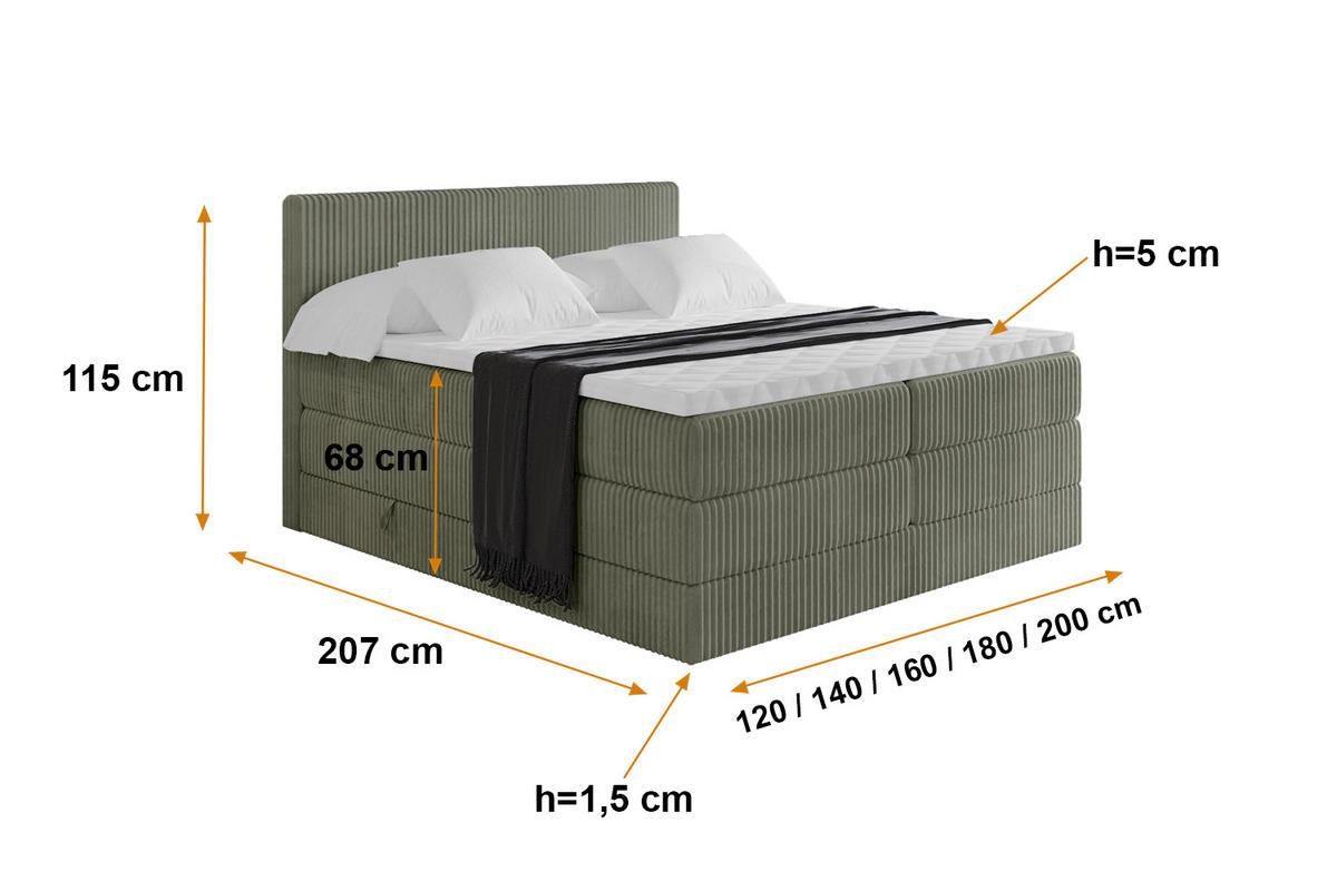 BOXSPRINGBETT mit Matratze H3|H4 und Lattenrost - TOLO KING 140x200 Cord - Olive - Olivgrün, Holzwerkstoff (140/200cm) - ALTDECOR