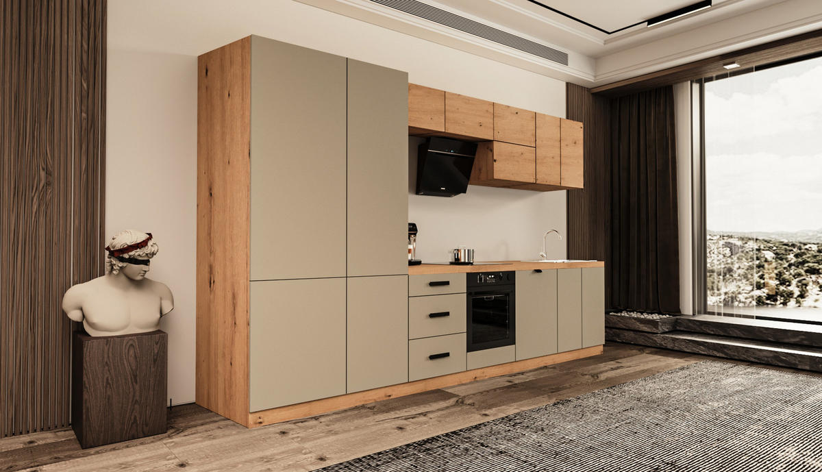 KÜCHENZEILE 360 cm - Langen KL19-M360 - in Beige / Artisan Eiche - Beige/Schwarz, Holz/Metall (360/212/58cm)