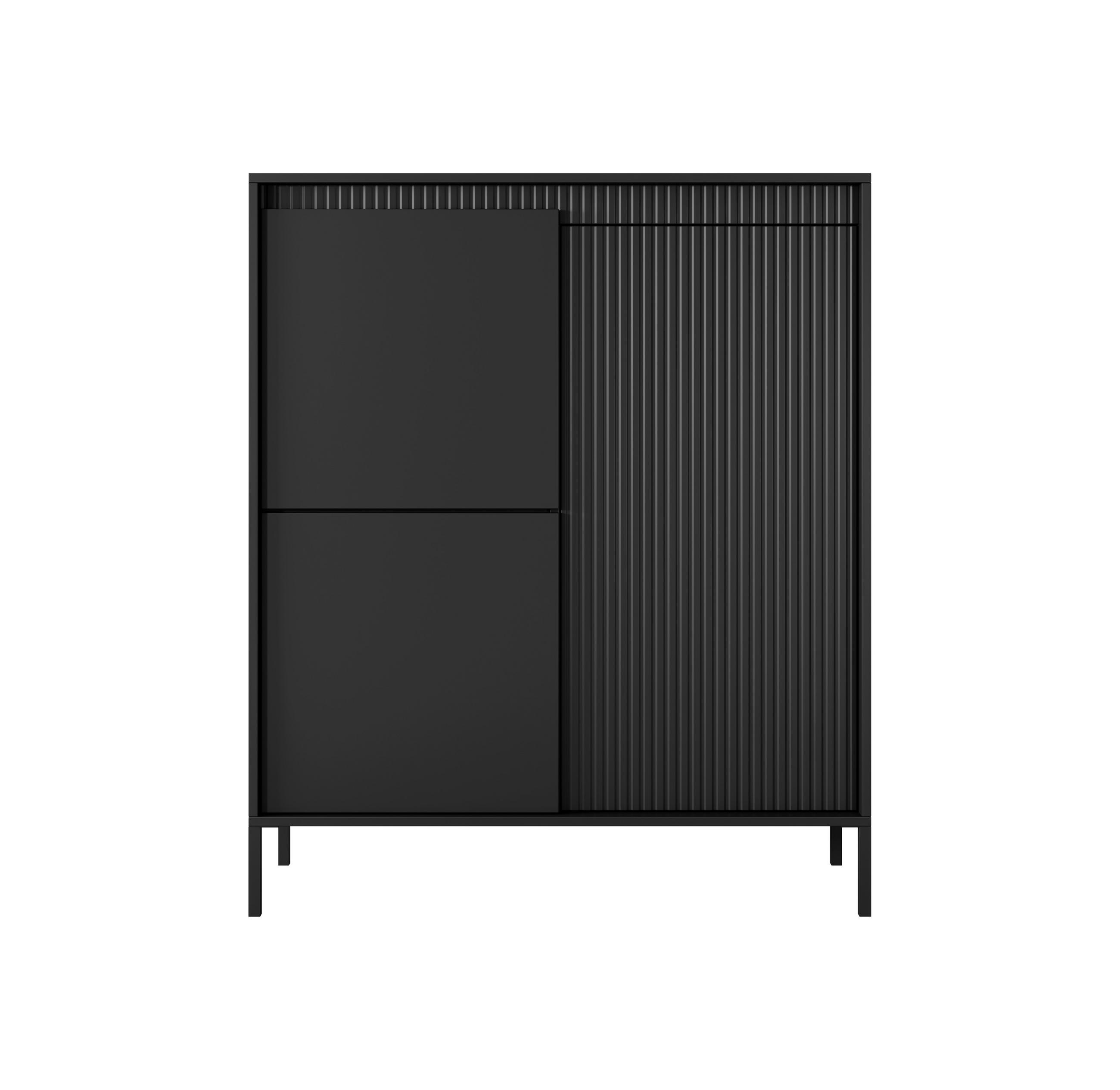 KOMMODE SENSO 3D Hoch, Geriffelte MDF-Fronten, Push-to-Open, Metallfüße, 103,5x123,4x39,5 cm - Schwarz - Schwarz, Holz/Holzwerkstoff (104/124/40cm) - DomoHome