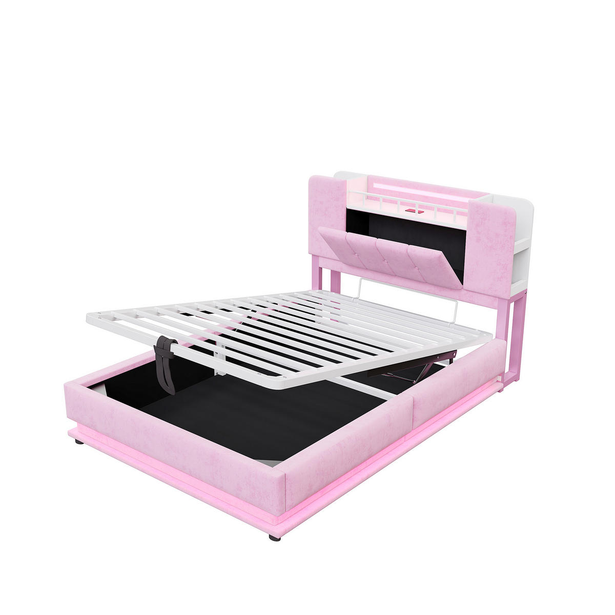 STAURRAUMBETT 90/200 cm DE-02114, in Rosa, mit LED, USB und Hydraulik - Pink, Metall (90/200cm) - ComfortXL