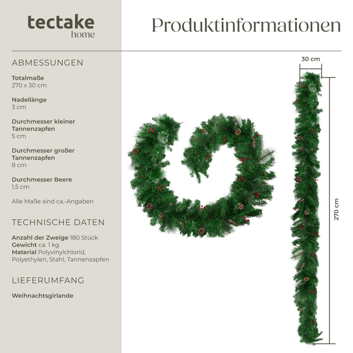 WEIHNACHTSGIRLANDE ,mit Schlaufe zum Aufhängen,rot/grün - Rot/Grün, Kunststoff (270cm) - tectake