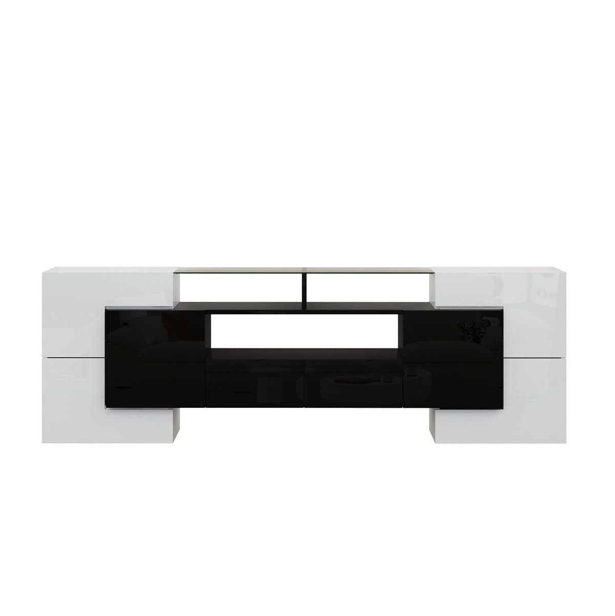 TV stolek 200/35/60 cm s LED osvětlením, vysoký lesk a skleněná plocha, úložný prostor, Bílá/Černá - černá, kompozitní dřevo (200/60/35cm) - Redom