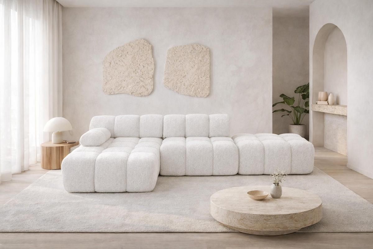 ECKSOFA L-Form Modular Mit Hocker, Bouclé-Stoff Abriamo, Ecru, Links, Selia - Ecru, Holz (285/160cm) - Kaiser Möbel