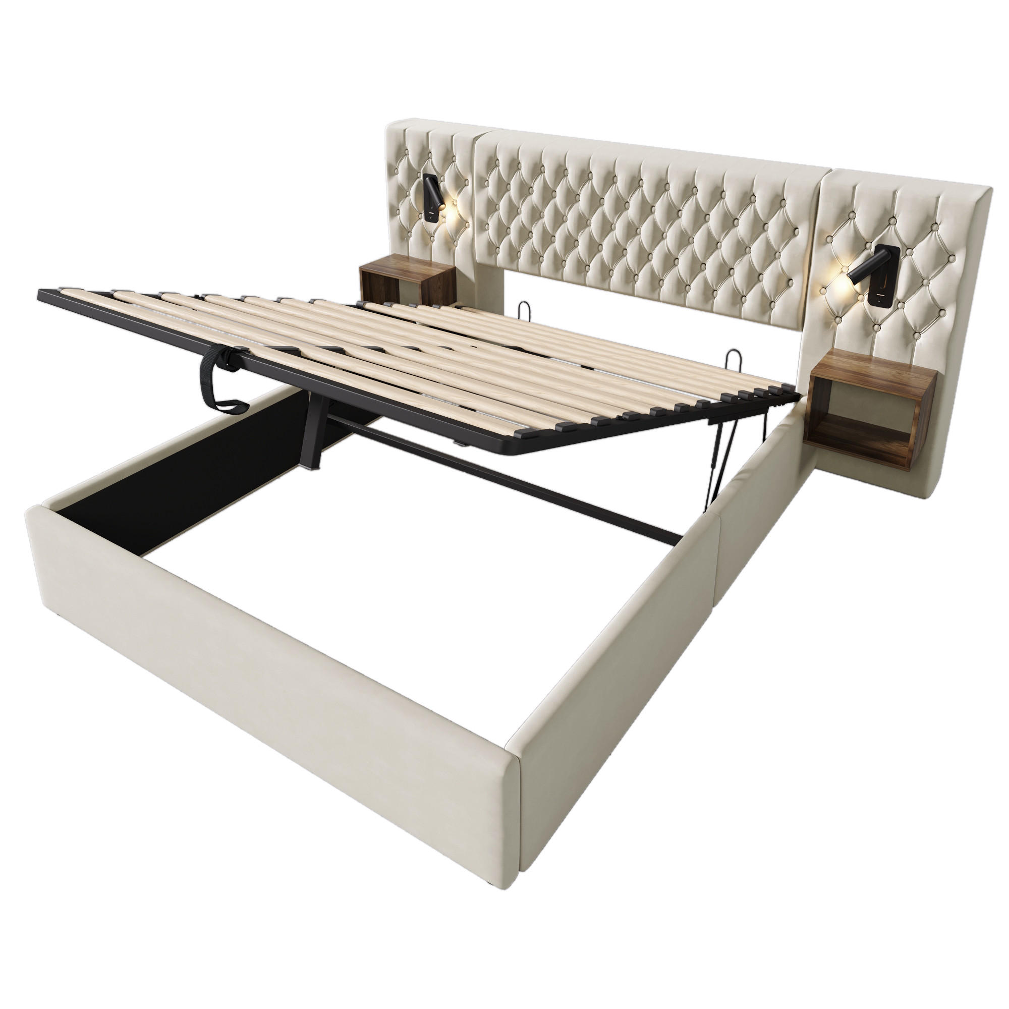 STAURAUMBETT 180/200 cm mit 2 Nachttischen und USB, DE-41544, in Beige - Beige, Metall (180/200cm) - ComfortXL