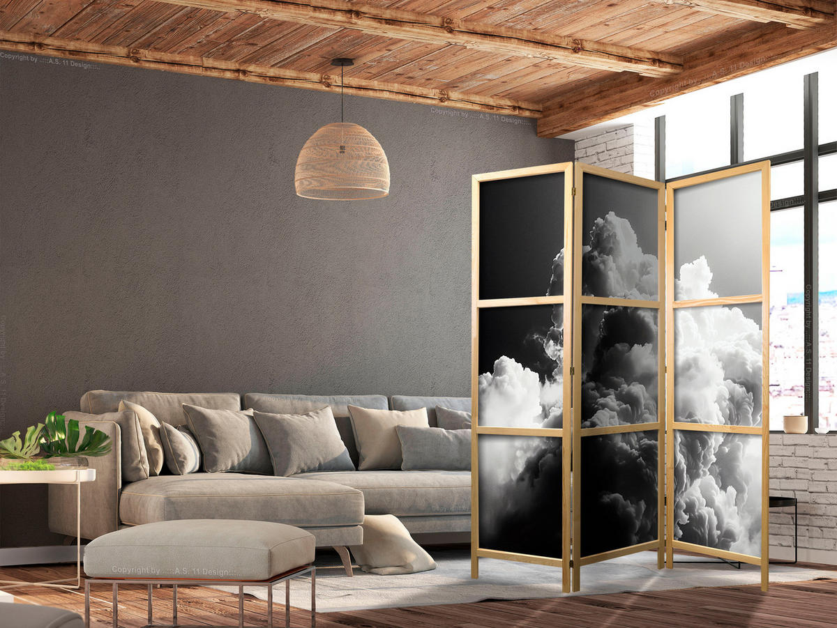 PARAVENT Japanischer 3-tlg 135x172 cm Schwarz-Wei e Wolken - Grau, Holz/Textil (135/172/3cm) - Muralo