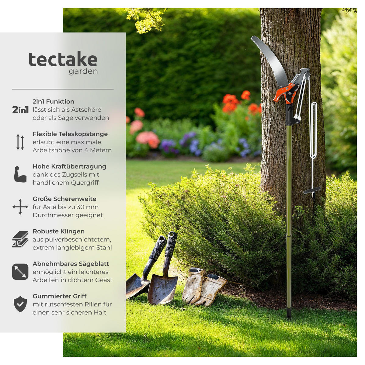 TELESKOP-ASTSCHERE ,rutschfester Griff,grün - Grün, Metall (35/3/260cm) - tectake