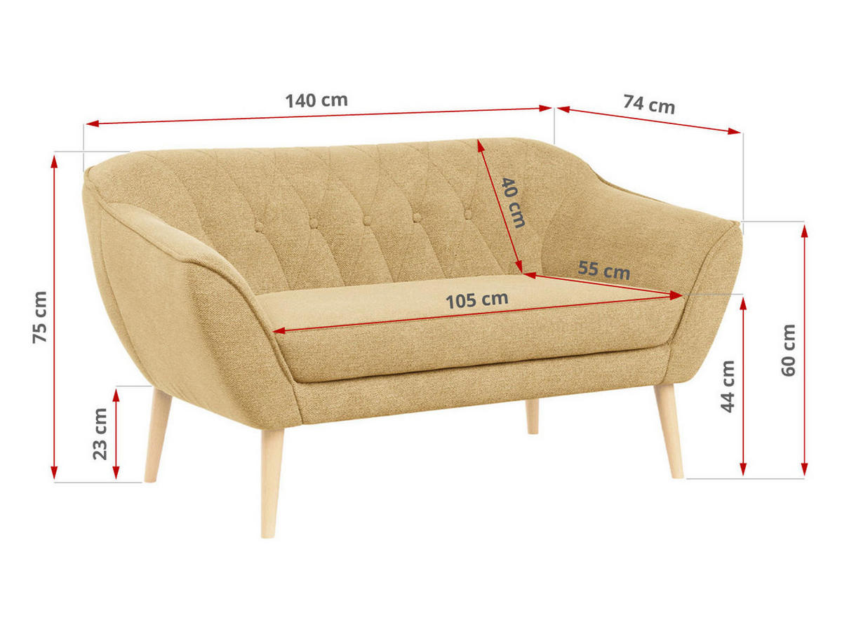 SOFA Pirs 2 Sitzer Strukture Gelb - Gelb/Braun, Holz/Textil (140/75/74cm) - MKS