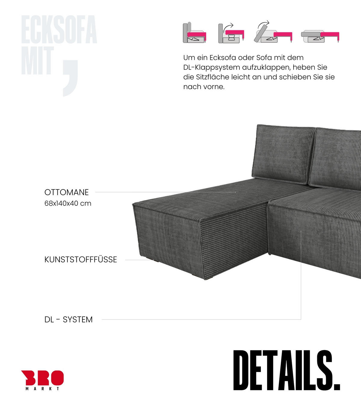 ECKSOFA Hector mit Schlaffunktion Grau Cord - Dunkelgrau, Textil (200/141cm) - Bromarkt