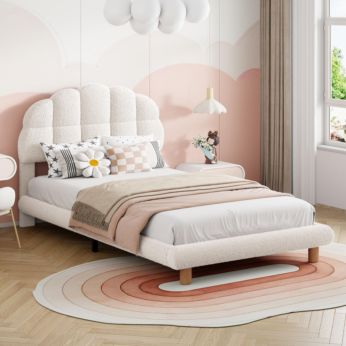 EINZELBETT 90X200CM WEISS HOLZLATTENROST WOLLOPTIK - Weiß, Holzwerkstoff - SHOPENTRA
