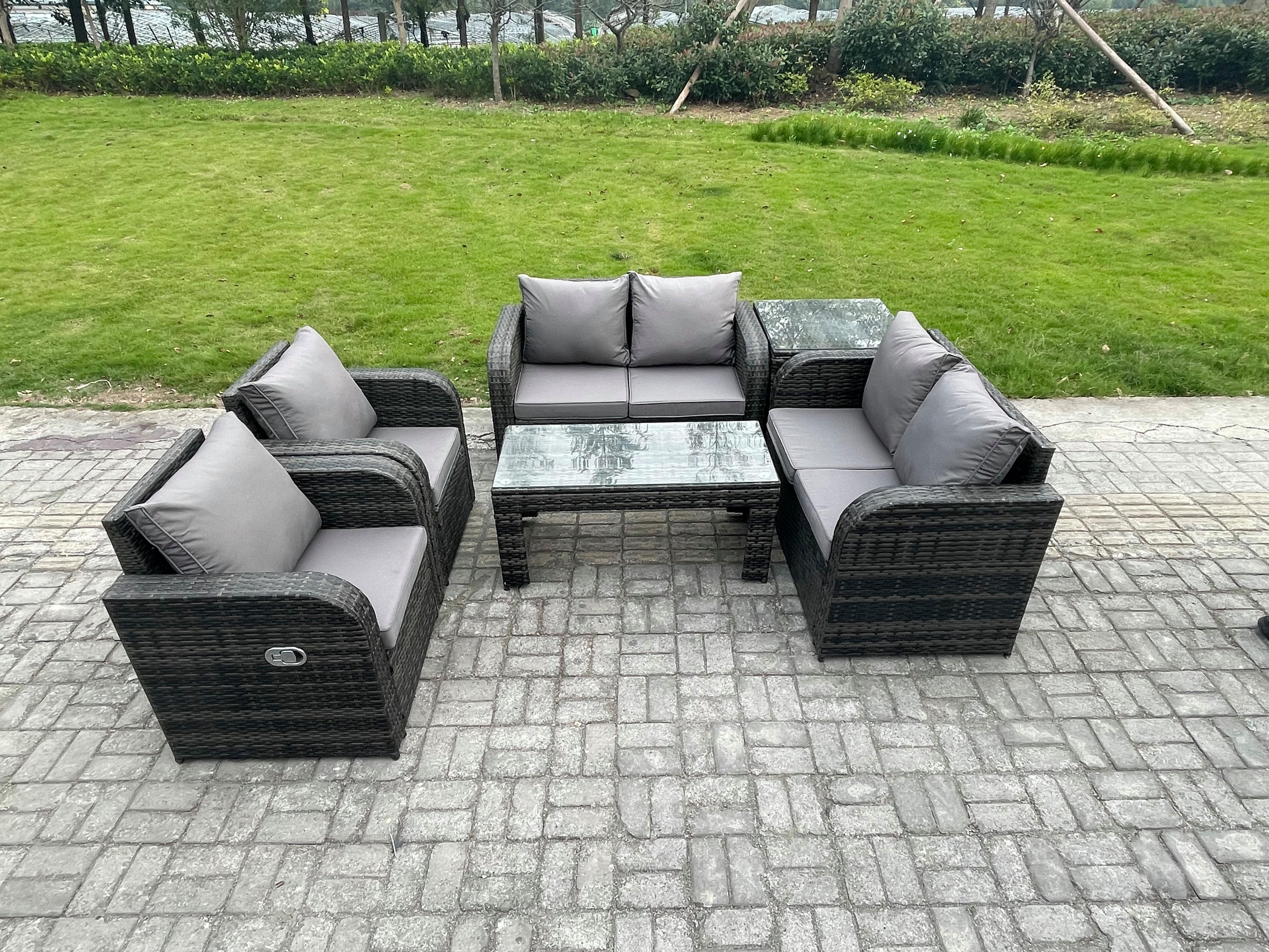 GARTENSOFA SET mit LIEGESTUHL Polyrattan 6-Sitzer Dunkelgrau - Dunkelgrau/Grau, Glas/Kunststoff - Fimous