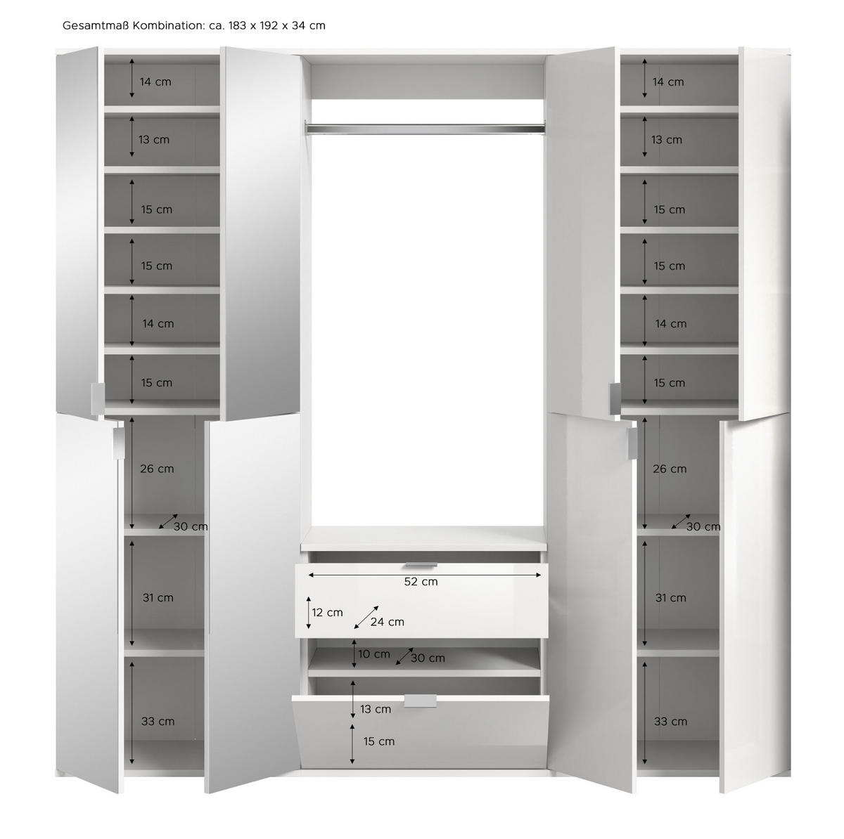 GARDEROBEN-SET Artisan Eiche 183 cm, Komplettset mit flexibler Inneneinteilung - Schwarz/Eiche Artisan, Glas/Holzwerkstoff (183/193/34cm) - Inn.Furn