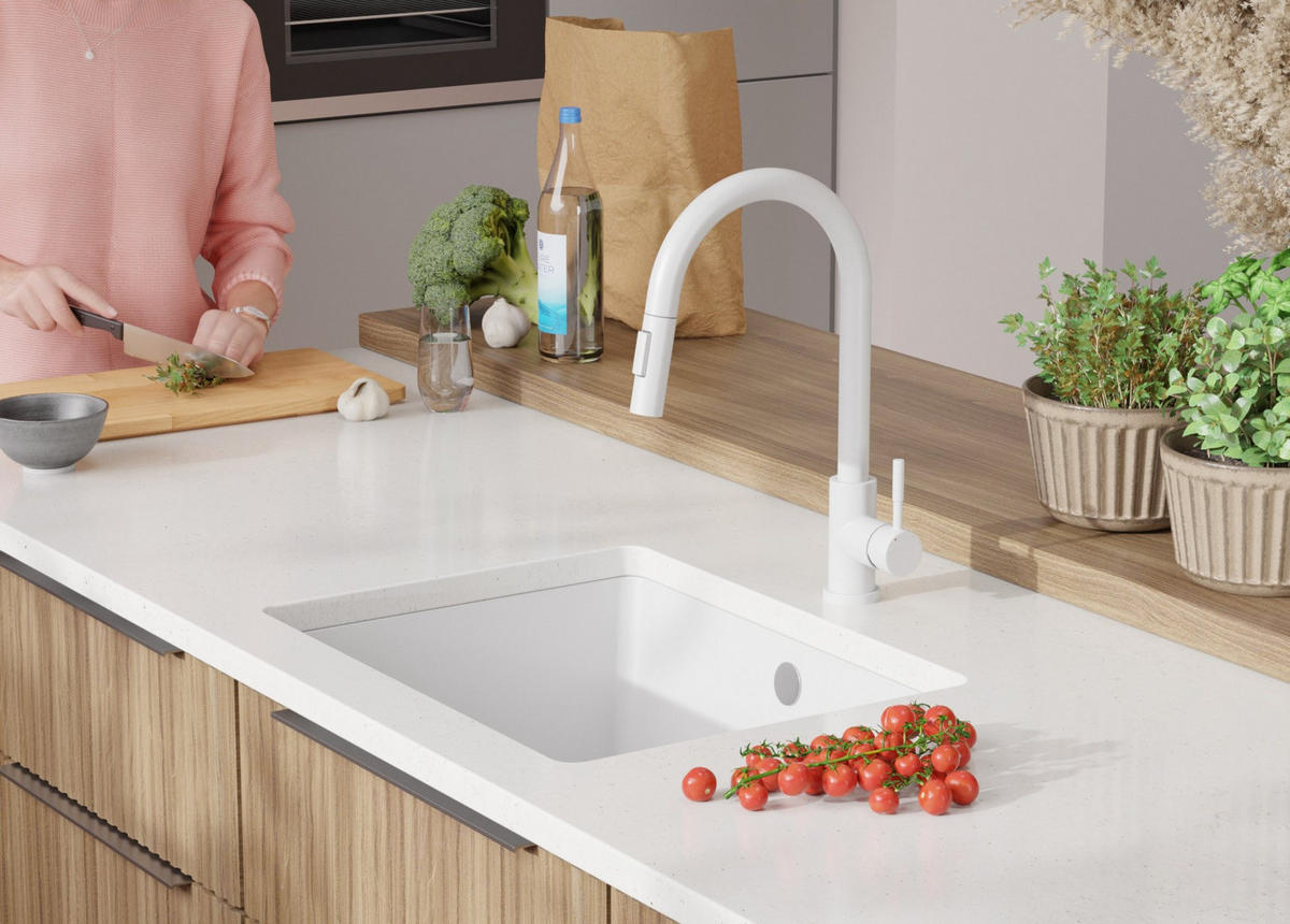 UNTERBAUSPÜLE GRANIT Venedig Easy, 2-er set Weiß 56/44 cm 1 Becken + Ablauf-Set ab 60er Unterschrank - Chromfarben/Weiß, Kunststoff (56/20/44cm) - Primagran