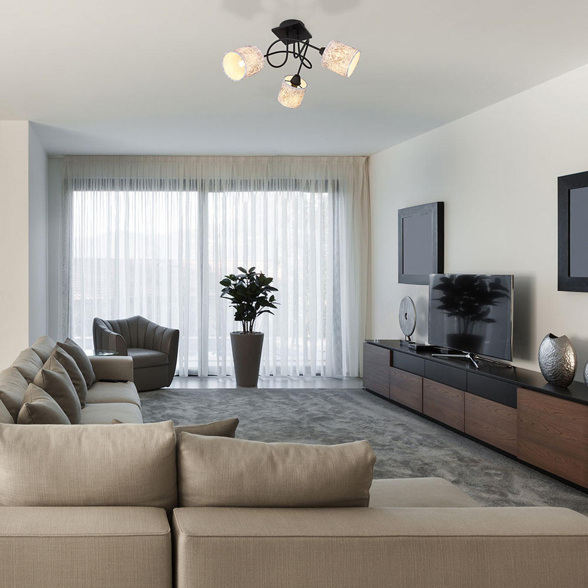 DECKENLEUCHTE Metall Grau Textil 3-flammig - Schwarz, Holz (46/46/27.5cm)