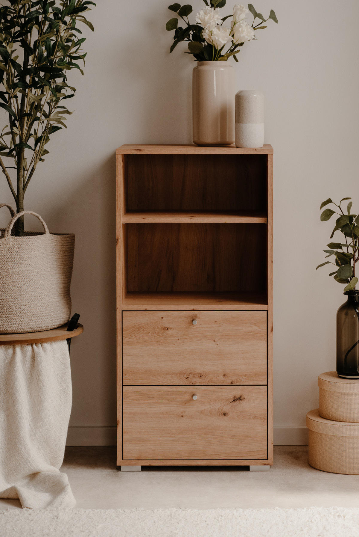 REGAL Eiche Artisan 46 x 97 cm, Standregal mit 2 Schubladen - Silberfarben/Eiche Artisan, Holzwerkstoff/Kunststoff (46/96.5/33.5cm) - Furn.Design