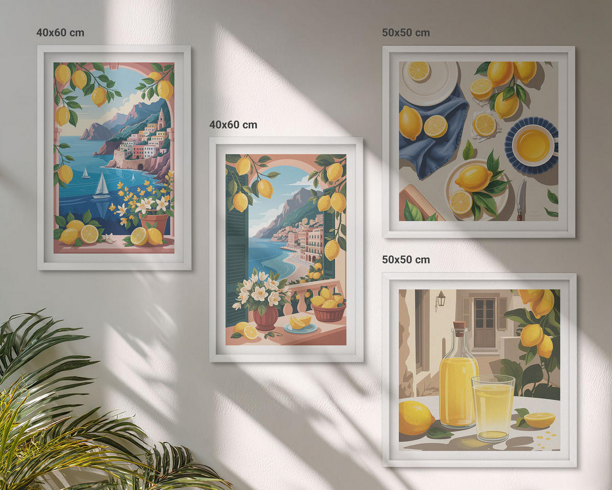 WANDBILDER 4er-Set - 50x50 cm & 40x60 cm Weißer Rahmen - Meerblick, italienische Zitronen - Weiß, Kunststoff (50/50cm) - ArtPrintCave