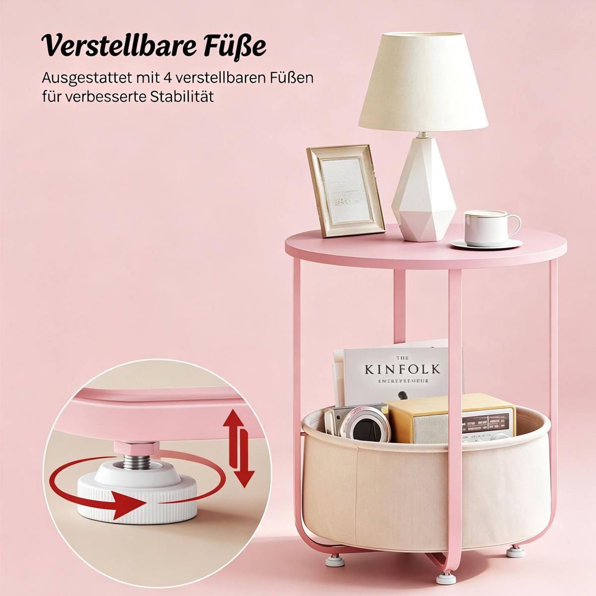 BEISTELLTISCH 45/45/50 cm mit Stoffkorb, Metallgestell und verstellbaren Füßen, Pink - Pink, Holzwerkstoff (45/45/50cm) - Redom