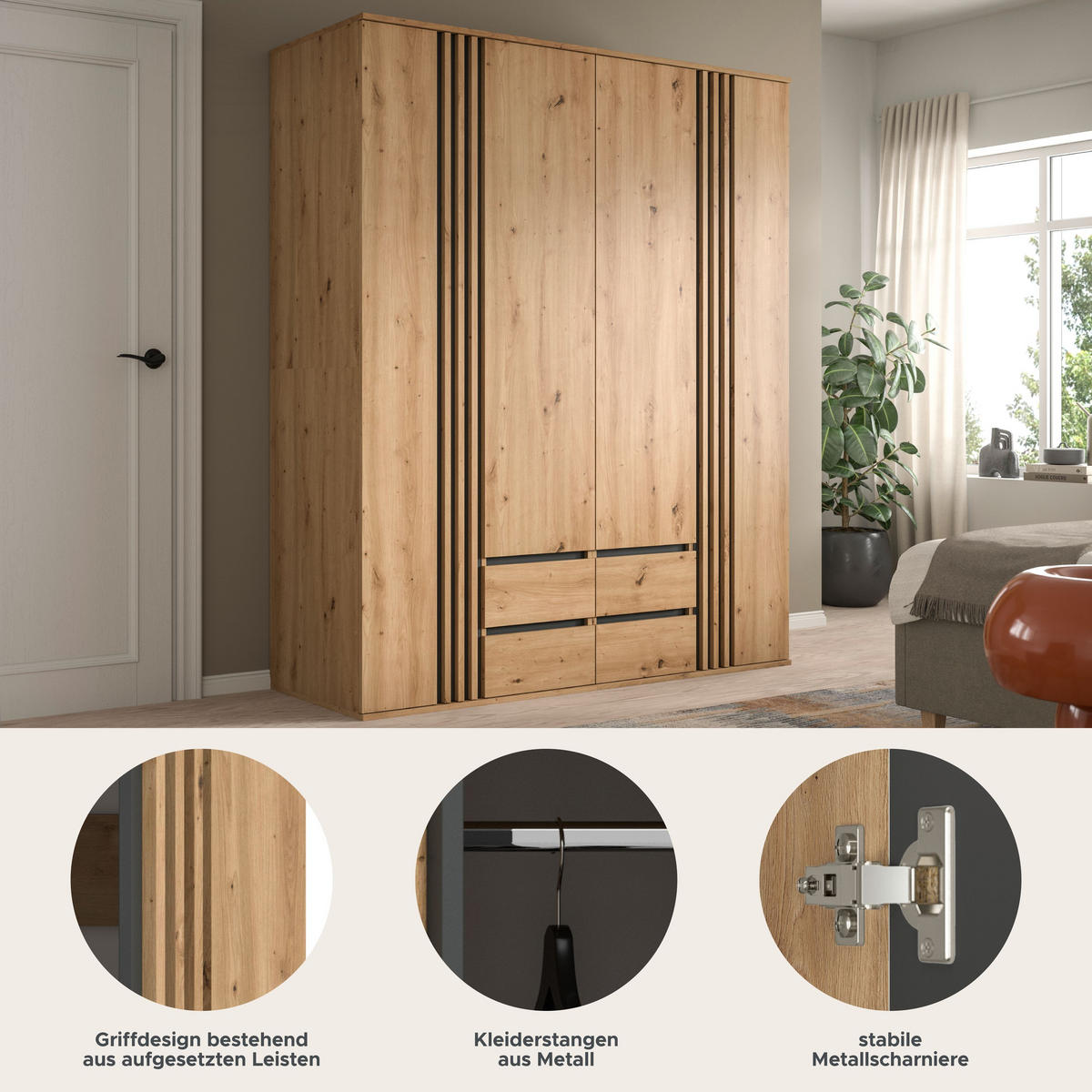 KLEIDERSCHRANKKOMBINATION TOFTA (B/H/T: ca. 160/190/56 cm) in Artisan Eiche Nachbildung/Artisan Eiche Nachbildung - Eiche Artisan, Holzwerkstoff (160/190/56cm)