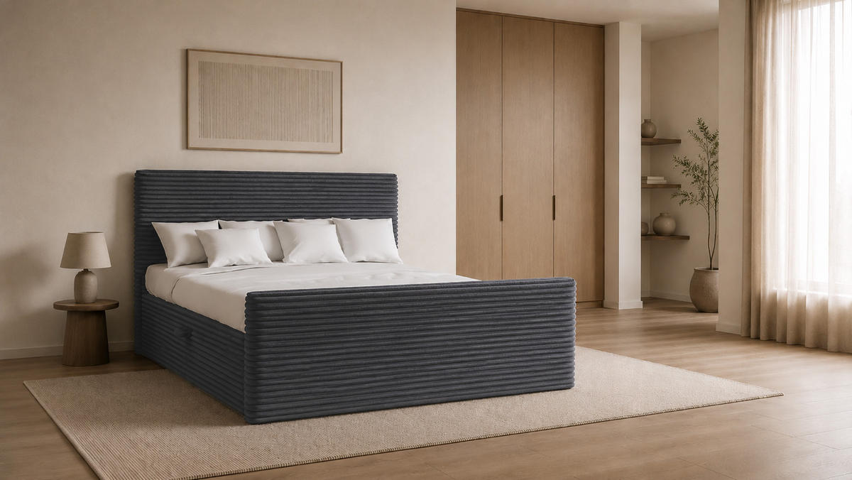 BOXBETT Mit Bettkasten Und Topper TRENTO Stoff Plüsch Cord 160x200 cm Graphit H2-Pocket - Graphitfarben, Holz/Textil (160/200cm) - Kaiser Möbel