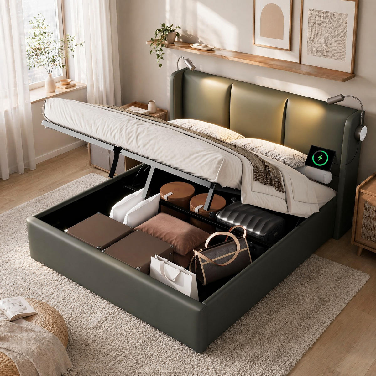 POLSTERBETT 160/200 mit Bettkasten, Leselicht und USB in PU - Grau, Holzwerkstoff/Textil (160/200cm) - EVRYAE