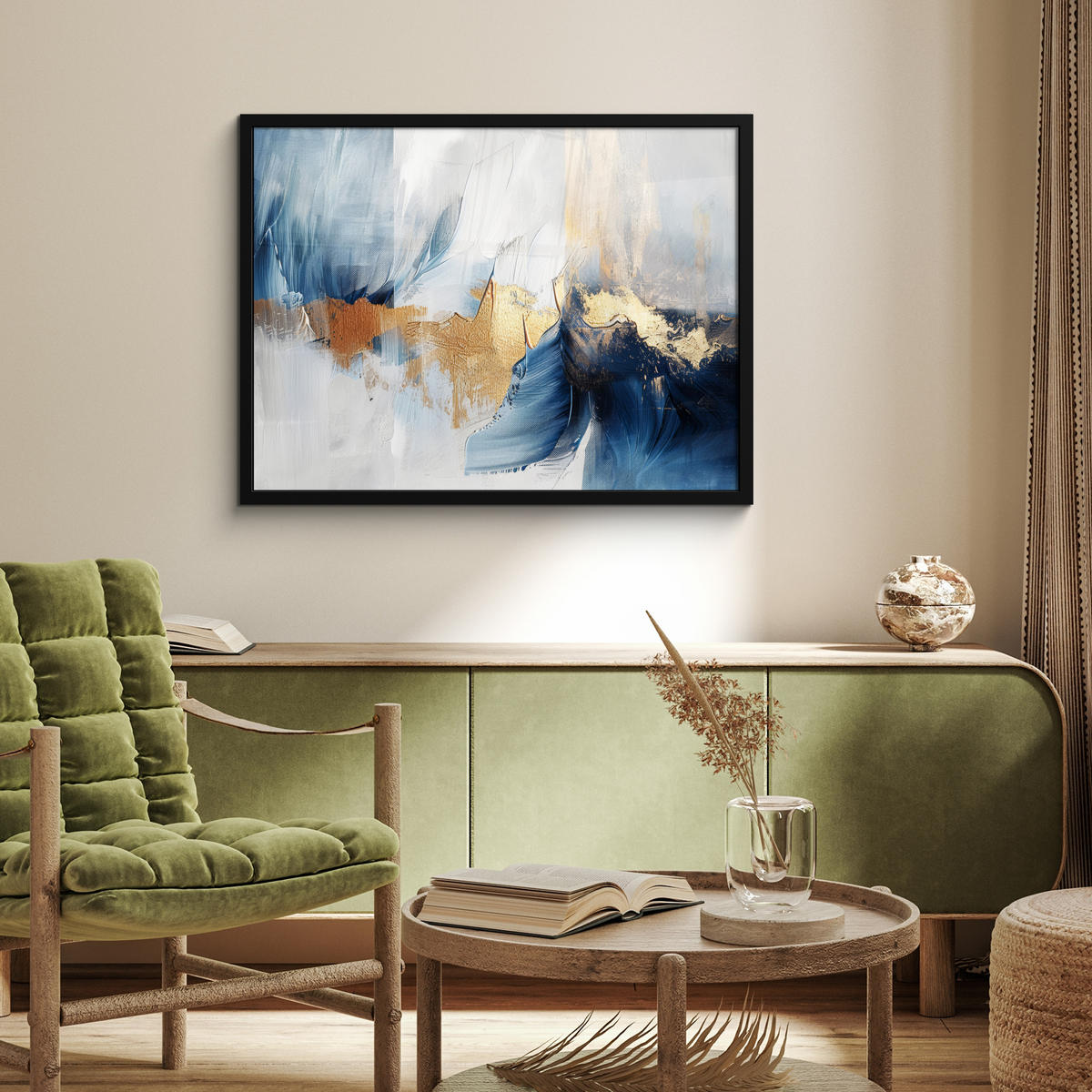 POSTER MIT RAHMEN Gold - Blau - Aquarell - Kunst - Modern 80x60 cm - Hellblau, Papier (80/60cm) - MuchoWow