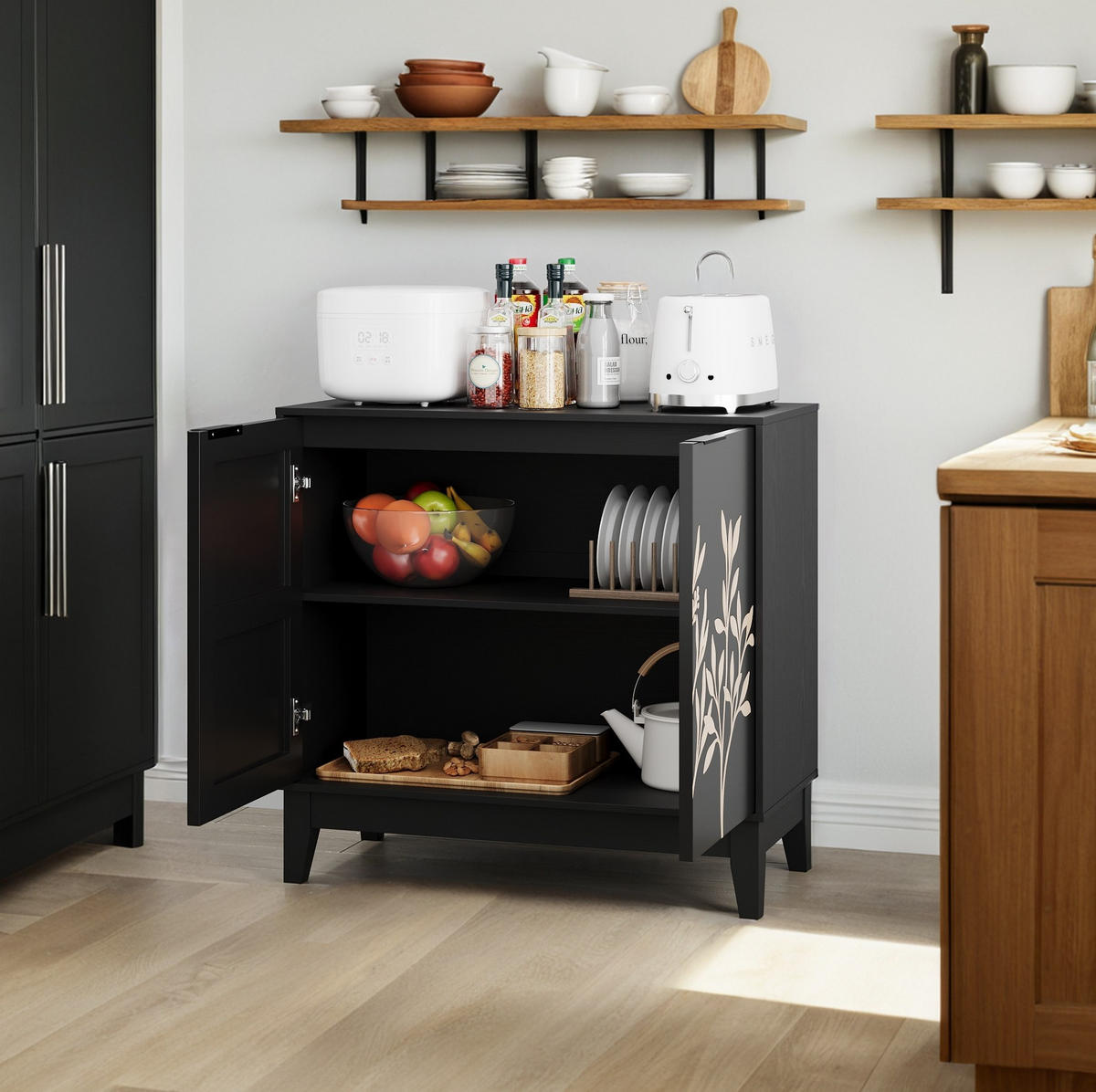 SIDEBOARD 80 cm mit 2 Türen und verstellbarem Einlegeboden, Blumenschnitzerei, Schwarz - Schwarz, Holzwerkstoff (80/76/38cm) - Redom