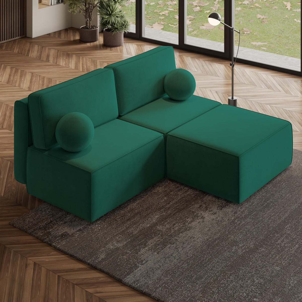 ECKSOFA VARNA M Grün Velours-Stoff mit Schlaffunktion - Grün, Holz (196/158cm) - MASSENO