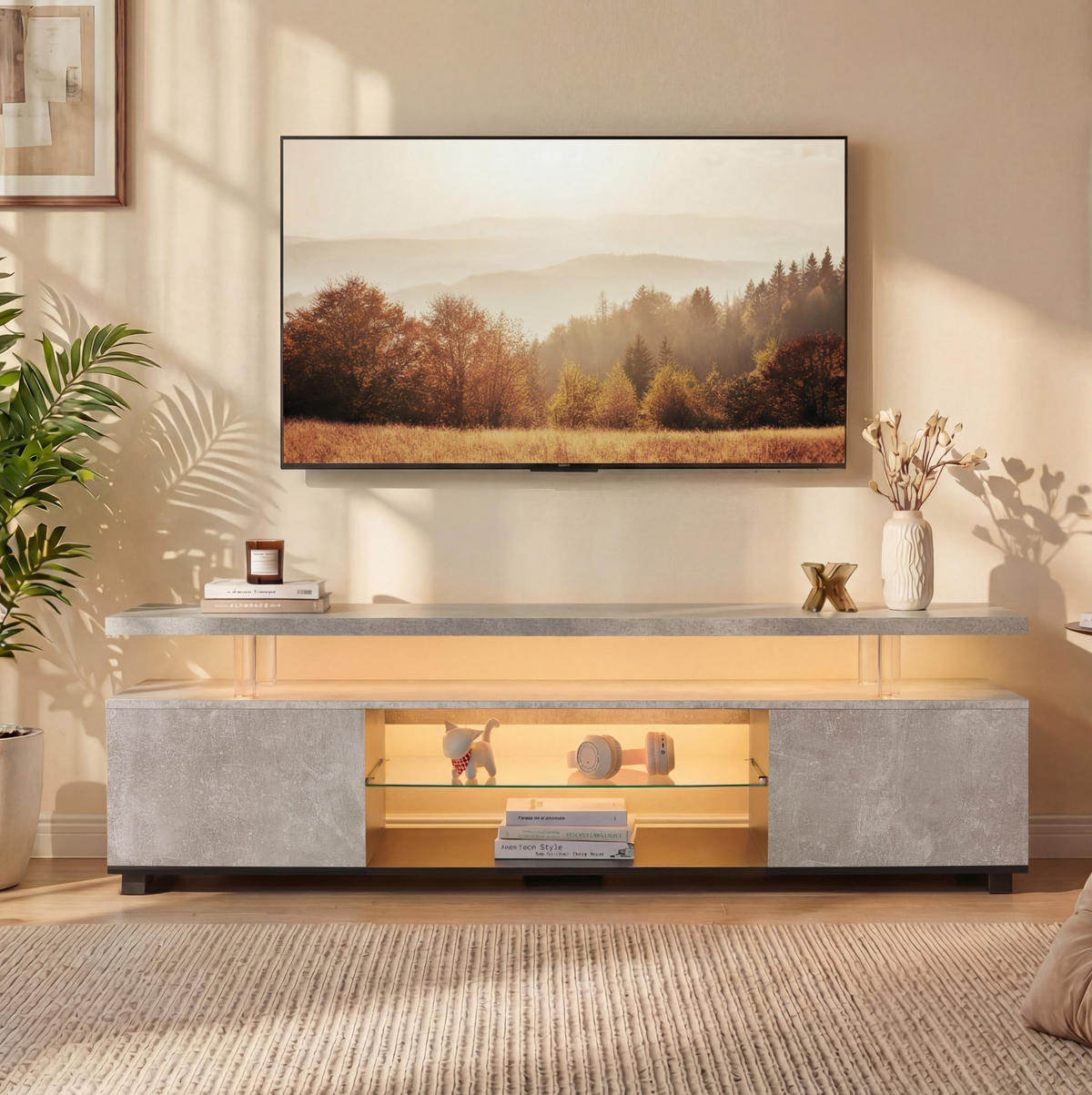 TV-LOWBOARD mit LED-Beleuchtung, 3 Schrankfächern und offenem Ablagefach, Grau/Schwarz - Schwarz, Holzwerkstoff (130/48/40cm) - Redom