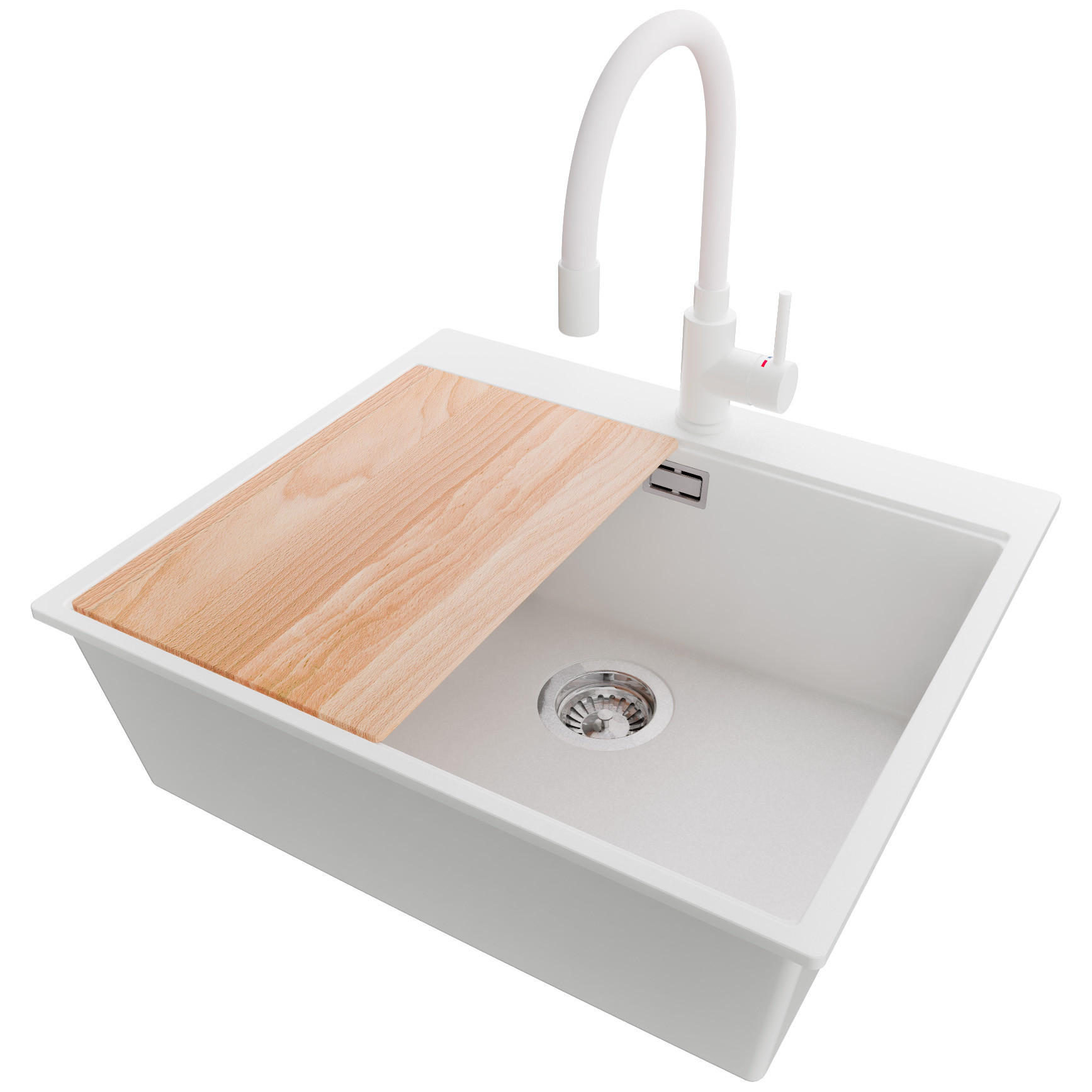 GRANITSPÜLE Oslo, 2-er set Weiß 58/50 cm 1 Becken + Küchenarmatur 38/14 cm + Ablauf-Set + Schneidebrett ab 60er Unterschrank - Chromfarben/Beige, Kunststoff (58/20/50cm) - Primagran