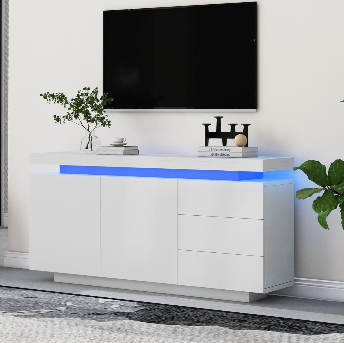 SIDEBOARD aus Spanplatte 140x35x72,5 cm Weiß mit LED-Beleuchtung, 2 Türen und 3 Schubladen - Weiß, Holzwerkstoff (140/72/38cm) - IVMEU