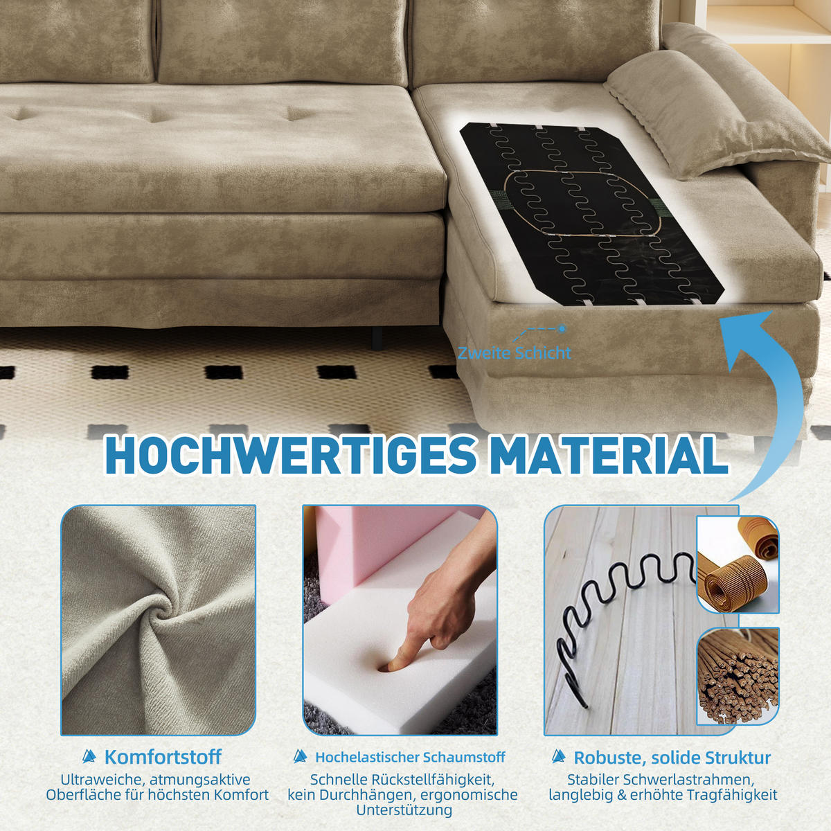WOHNLANDSCHAFT Kamel 278/127/87 cm 4-Sitzer Modular mit USB-Ladefunktion - Cognac, Textil (278/87/127cm) - PANGIVO