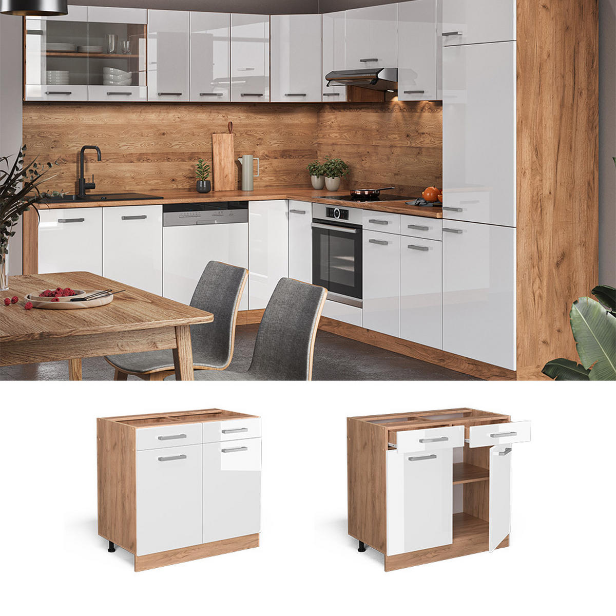 KÜCHENUNTERSCHRANK R-Line Weiß Hochglanz 80 cm, AP Anthrazit - Weiß Hochglanz/Eiche Wotan, Holzwerkstoff (80/81.6/60cm) - Vicco