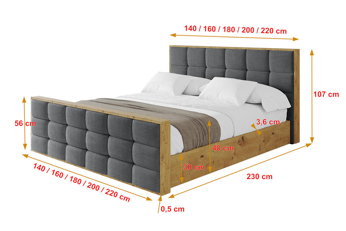 POLSTERBETT mit Bettkasten, Fußteil und Lattenrost, Boxbett mit Matratze H3/H4 - ENZO2-Z 180x200 Dunkelgrau - Anthrazit, Holzwerkstoff/Textil (180/200cm) - ALTDECOR