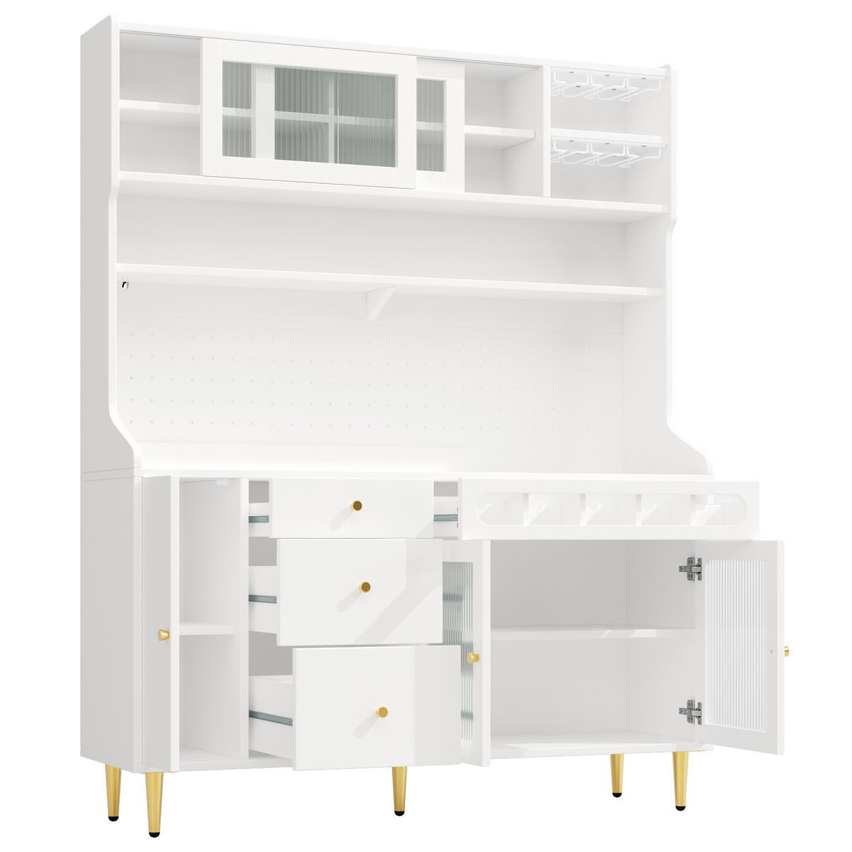 GESCHIRRSCHRANK aus MDF & Glas 145x39x171cm in Weiß mit LED & Weinauszug - Weiß, Holzwerkstoff (145/171/39cm) - Modfu