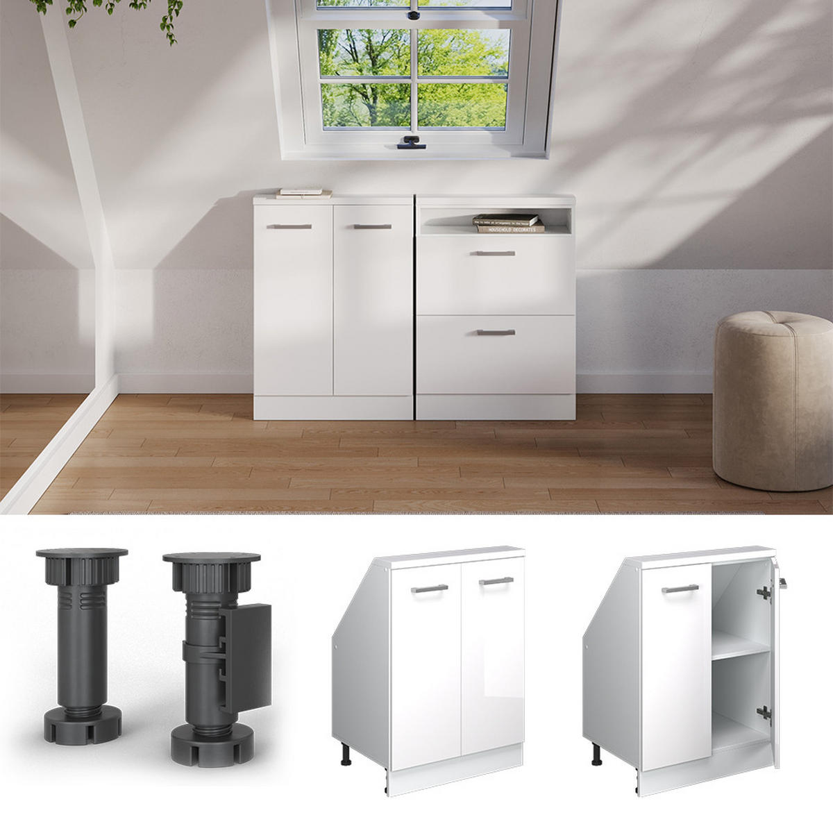 KUCHYŇSKÁ SKŘÍŇKA POD ŠIKMOU STŘECHU R-Line Bílá vysoký lesk/bílá - bílá/vysoce lesklá bílá, kompozitní dřevo (60/81.6/46cm) - Vicco