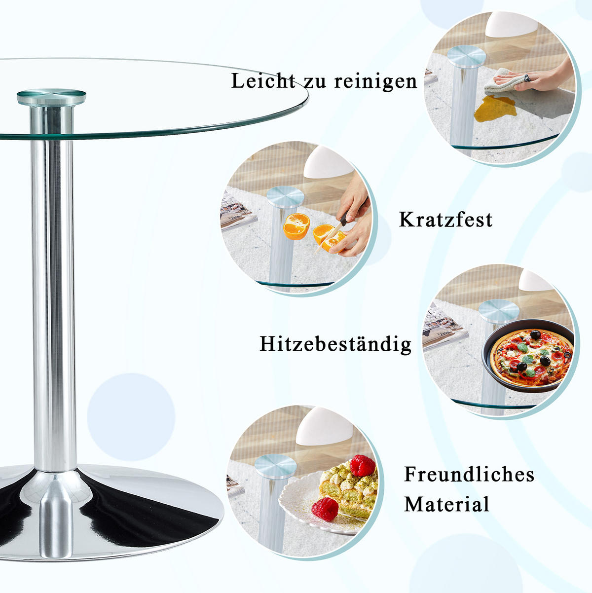BARTISCH 85/85/76 cm aus Glas und Metall, rundes Design mit stabilem Metallgestell, Silber/Transparent - Silberfarben, Glas (85/85/76cm) - Redom
