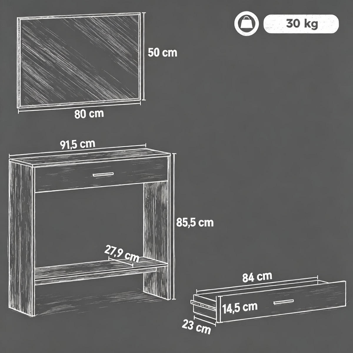 KONSOLENTISCH-SET DE-37254 mit Schublade, Regal und Spiegel Eiche/Weiß - Naturfarben, Holzwerkstoff (91.5/27.9/85cm) - ComfortXL