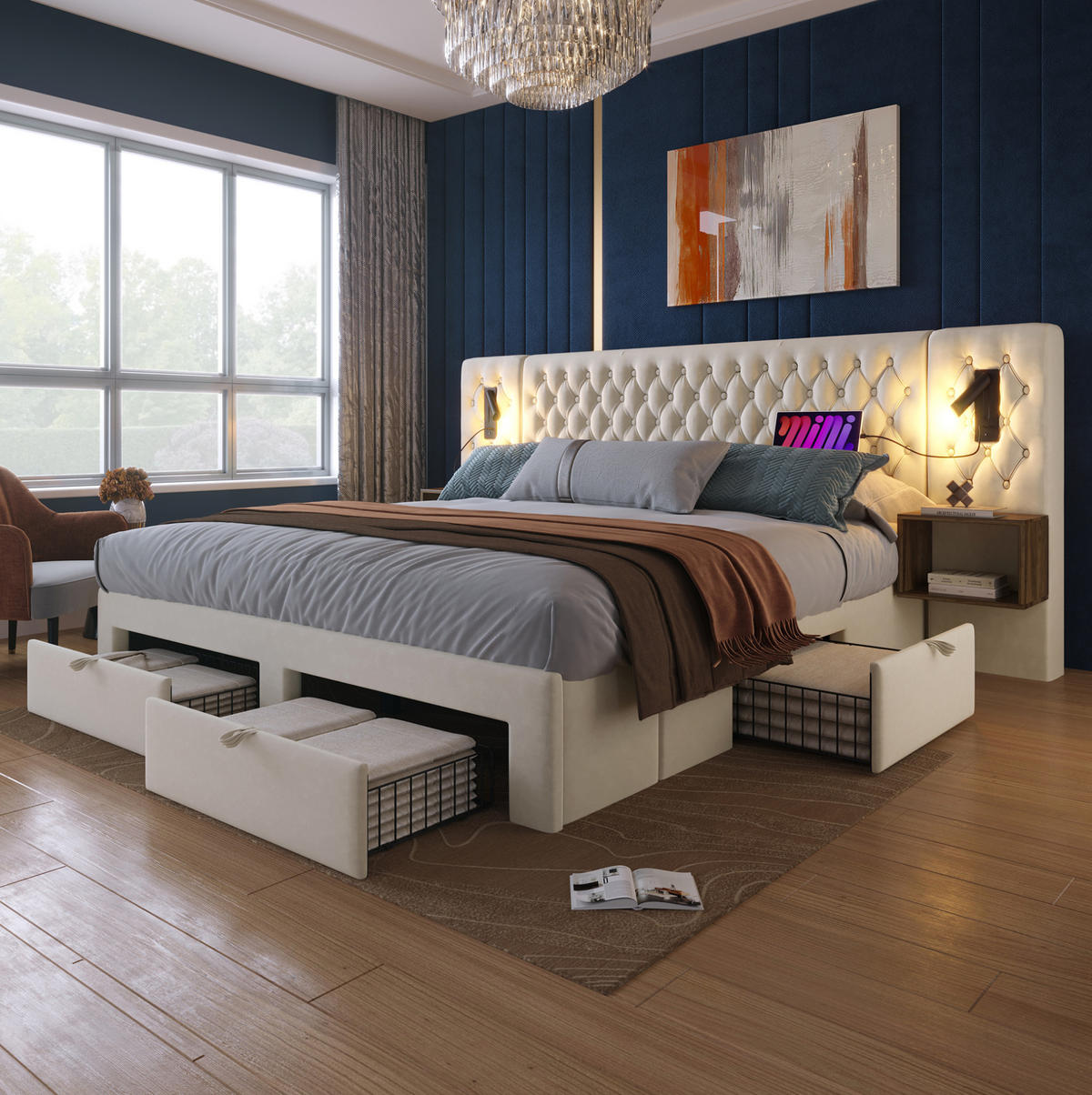 POLSTERBETT aus Samt 160x200 cm Beige mit 2 Nachttischen, 4 Schubladen, Leselampen und USB-C - Beige, Textil (160/200cm) - IVMEU