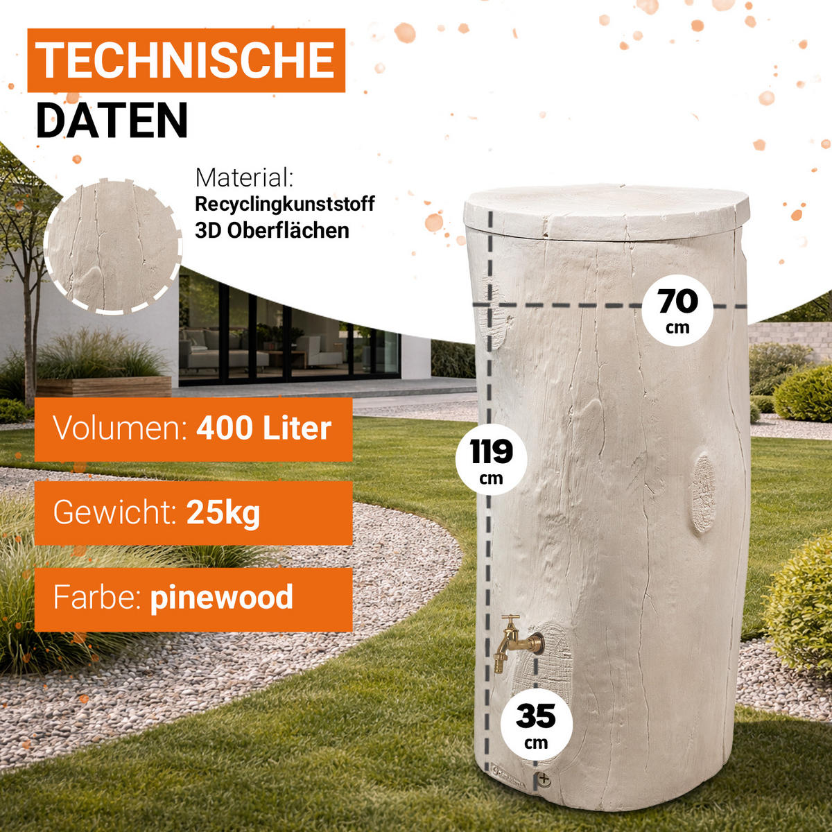 STOCK Regentonne 400 L, pine - Pinienfarben, Kunststoff (72/119/72cm) - GARANTIA