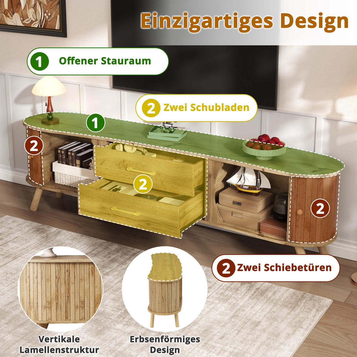 TV-LOWBOARD holzoptik & erbsenform - Naturfarben, Holzwerkstoff (160/55/36.5cm) - Urban Meuble
