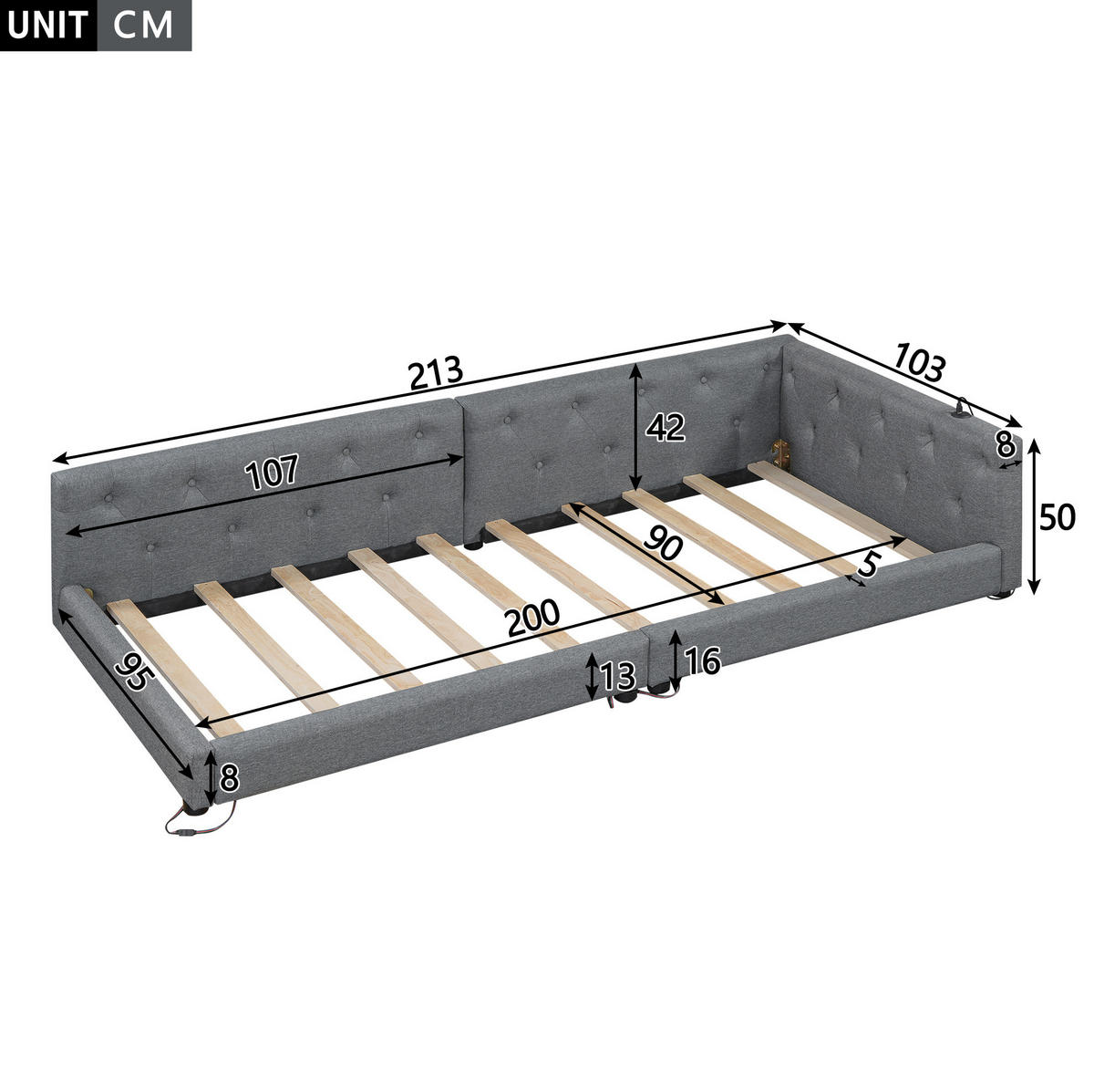 POLSTERBETT 90/200 cm mit Leinenbezug, LED-Beleuchtung, USB- und Type-C-Anschluss, Lattenrost und Knopfheftung, Grau - Grau, Textil (90/200cm) - Redom