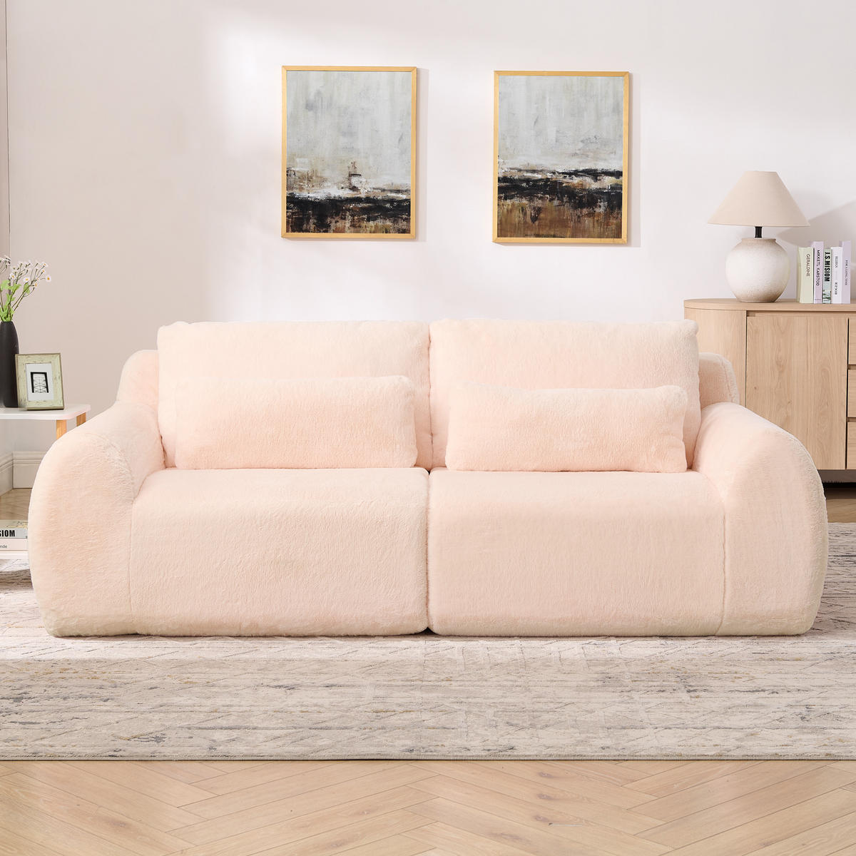 2-SITZER SOFA Kaninchenstil-Kunstfell Pink mit USB und Magazintasche - Rosa, Textil (208/81/101cm) - WISHDOR