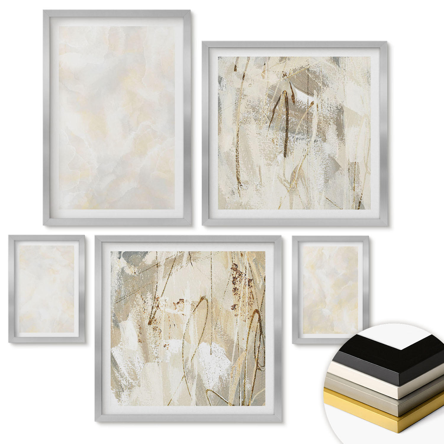 WANDBILDER 5er Set - 50x50 cm & 20x30 cm & 40x60 cm Silberner Rahmen - Helles Strukturfarbendesign - Silberfarben, Kunststoff (40/60cm) - ArtPrintCave