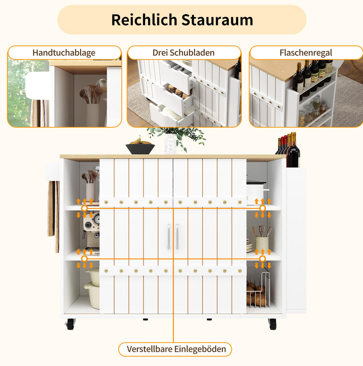 KÜCHENWAGEN 110x42x90cm Weiß mit 3 Schubladen,Schiebetüren & 4 Rollen - Weiß, Holzwerkstoff (110/90/42cm) - Modfu